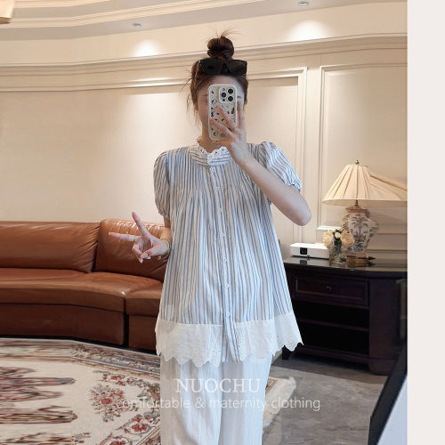 孕妇蓝条纹衬衫气质开口哺乳
