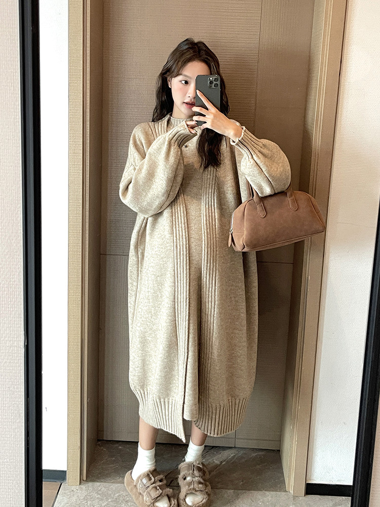 절묘한 핫맘 출산복 니트 카디건 조끼 드레스 투피스 세트 중간 길이 느슨한 가을 겨울 두꺼운 스웨터 재킷