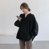 春秋季 黑色V领显瘦衬衫 纯棉名族风甜美娃娃衫 孕妇装 宽松韩版 上衣