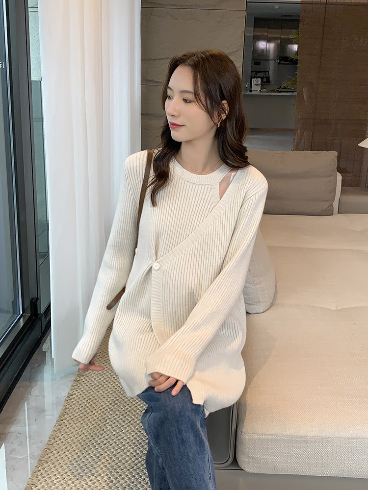 사선버튼 디자인 부드러운 임산부스웨터 가을코트 가디건 루즈한 밑단셔츠 스웨터 가을겨울 상의