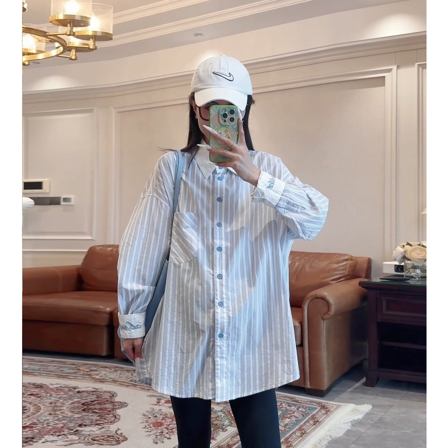 孕妇秋装纯棉刺绣条纹长袖衬衫