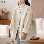 温暖奶杏 宽松加厚绒上衣 休闲大码 孕妇装 秋冬保暖羊羔毛外套韩版