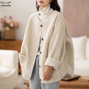 休闲大码 秋冬保暖羊羔毛外套韩版 宽松加厚绒上衣 孕妇装 温暖奶杏