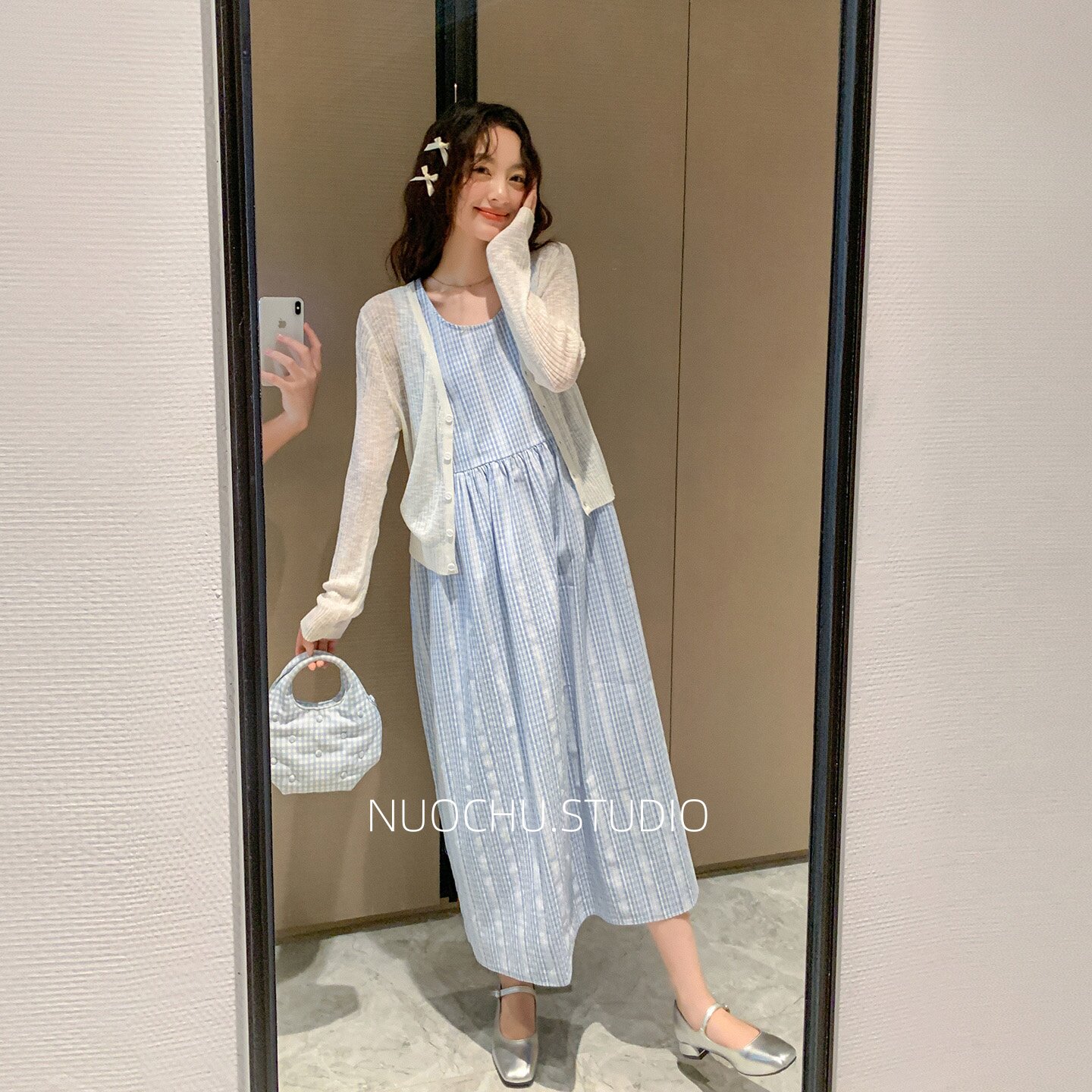 诺初孕妇装◆韩系格子背心裙+防晒衫春装连衣裙显瘦遮肚孕期套装