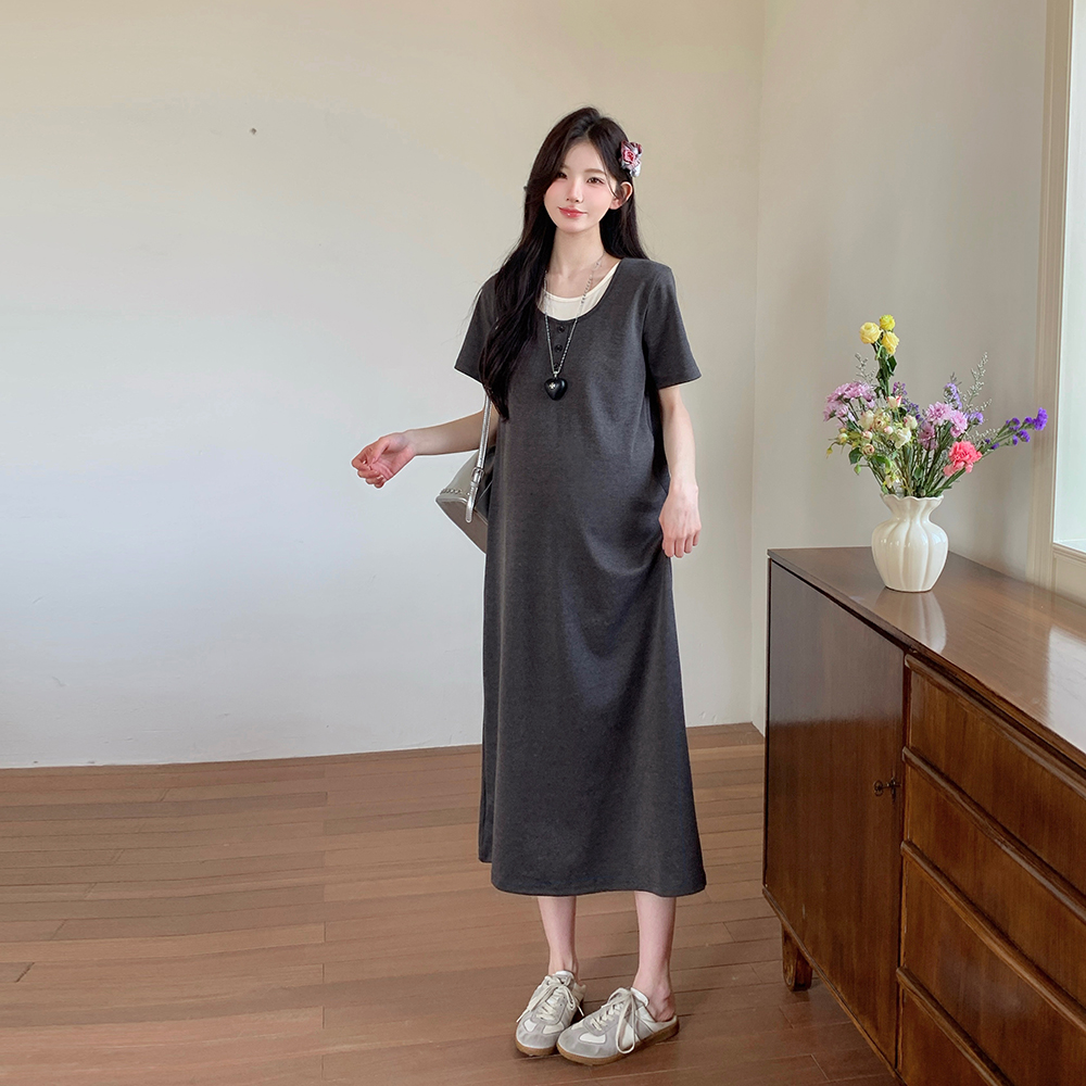 孕妇连衣裙2025新款夏装短袖孕期洋气宽松显瘦冰丝假两件夏季裙子