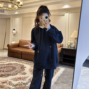 加绒宽松阔腿裤 诺初孕妇装 秋冬装 运动休闲风卫衣套装 lu系甜妹