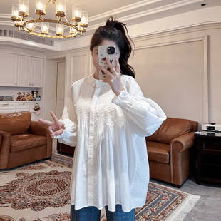 ◆诺初◆孕妇木耳花边领白色衬衫长袖春季新款宽松衬衣褶皱上衣