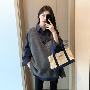 显瘦遮肉V领针织无袖 孕妇春装 宽松大码 辣妈灰色马甲时尚 背心 韩版