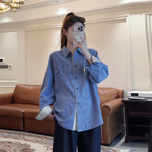 撞色袖孕妇竖条纹长袖衬衫外套