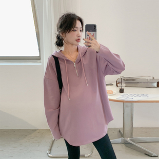 宽松磨毛中长款 孕妇装 T恤衫 拉链连帽套头长袖 紫色外套卫衣 春秋季