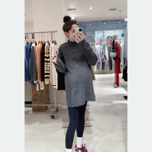 针织衫 孕妇毛衣秋冬款 遮肉孕妇装 中长款 黑色上衣 半高领内搭打底衫