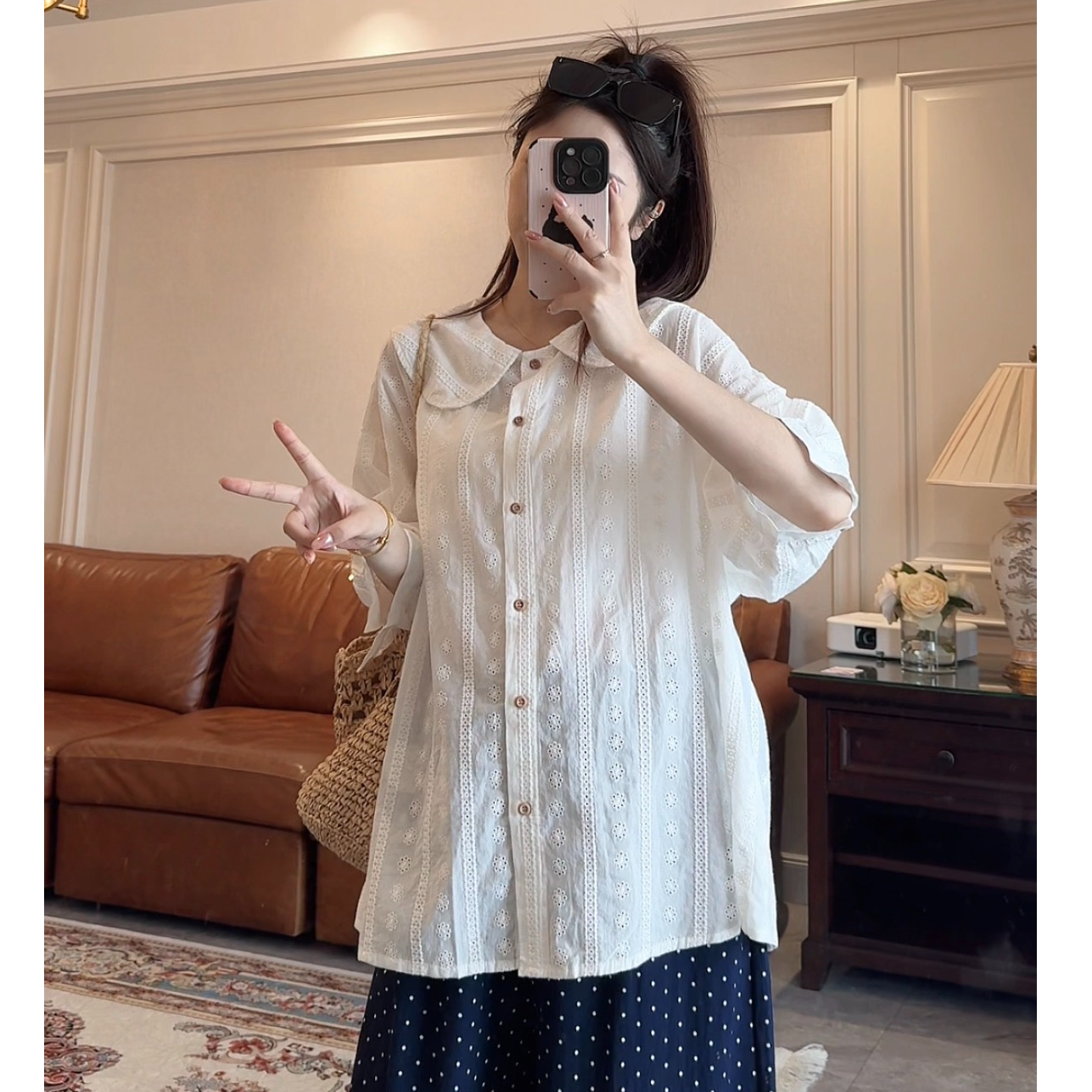 诺初孕妈衬衫日系通勤风白色衬衫女长袖宽松设计感减龄款娃娃衫