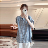 立领宽松百搭短袖 复古蓝格子夏季 蓝色小心情 衬衫 诺初孕妇装