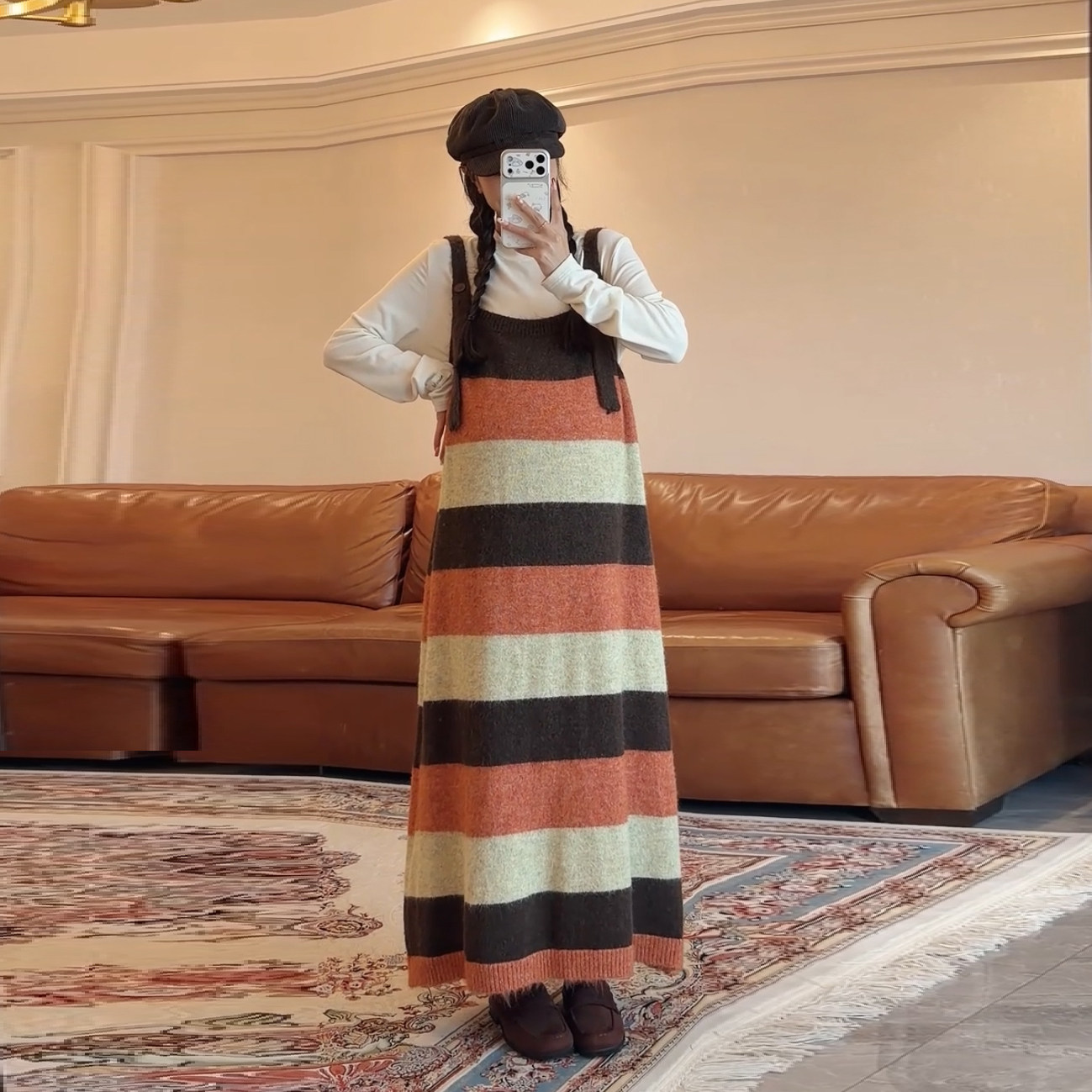 洋气孕妇复古条纹针织背带连衣裙