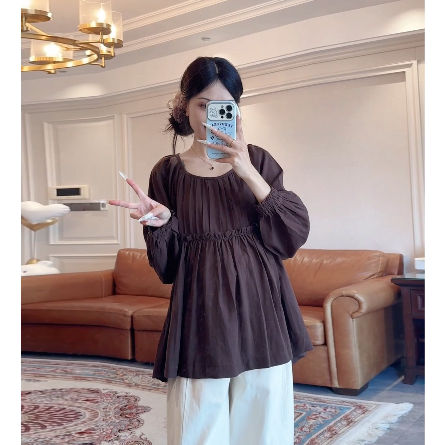 日系棉麻九分袖宽松衬衫女减龄
