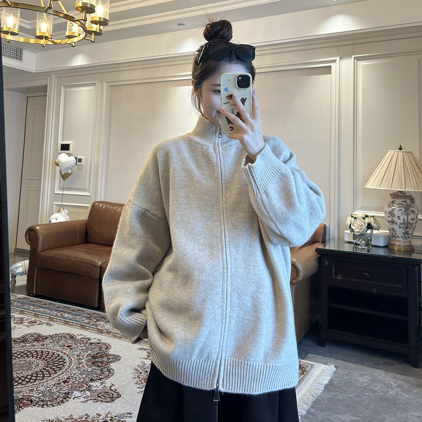 孕妇秋冬宽松遮肉显瘦慵懒风毛衣开衫学院休闲拉链针织外套上衣