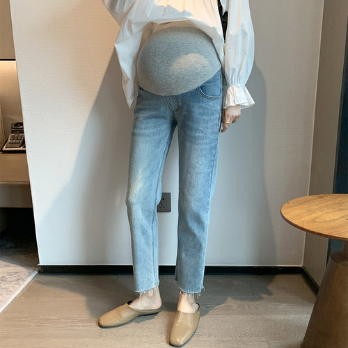孕妇牛仔裤夏季薄款外穿不勒肚子时尚弹力大码九分直筒烟管裤春秋