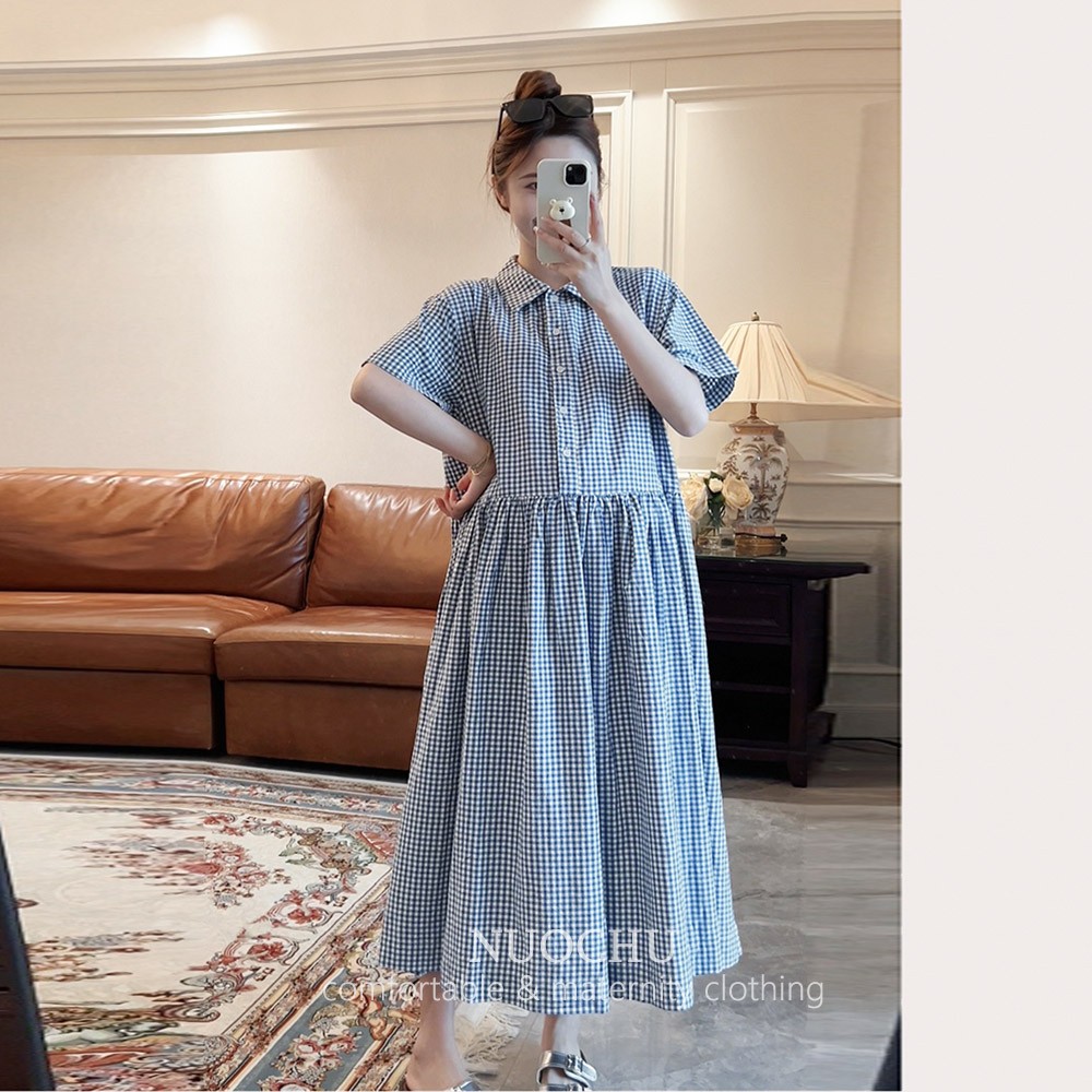 孕媽時尚連衣裙格子棉麻襯衫裙
