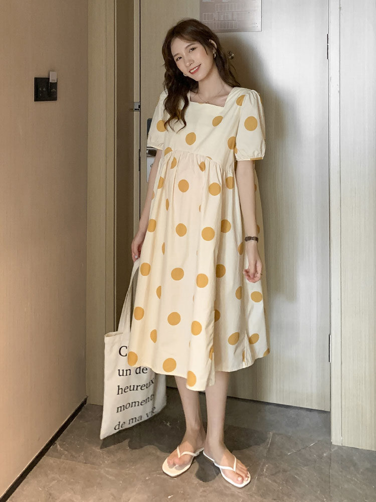 임산부 여름옷 패셔너블한 한국식 도트무늬 무릎위 롱스커트 트렌디한 엄마 반팔 여름 루즈원피스