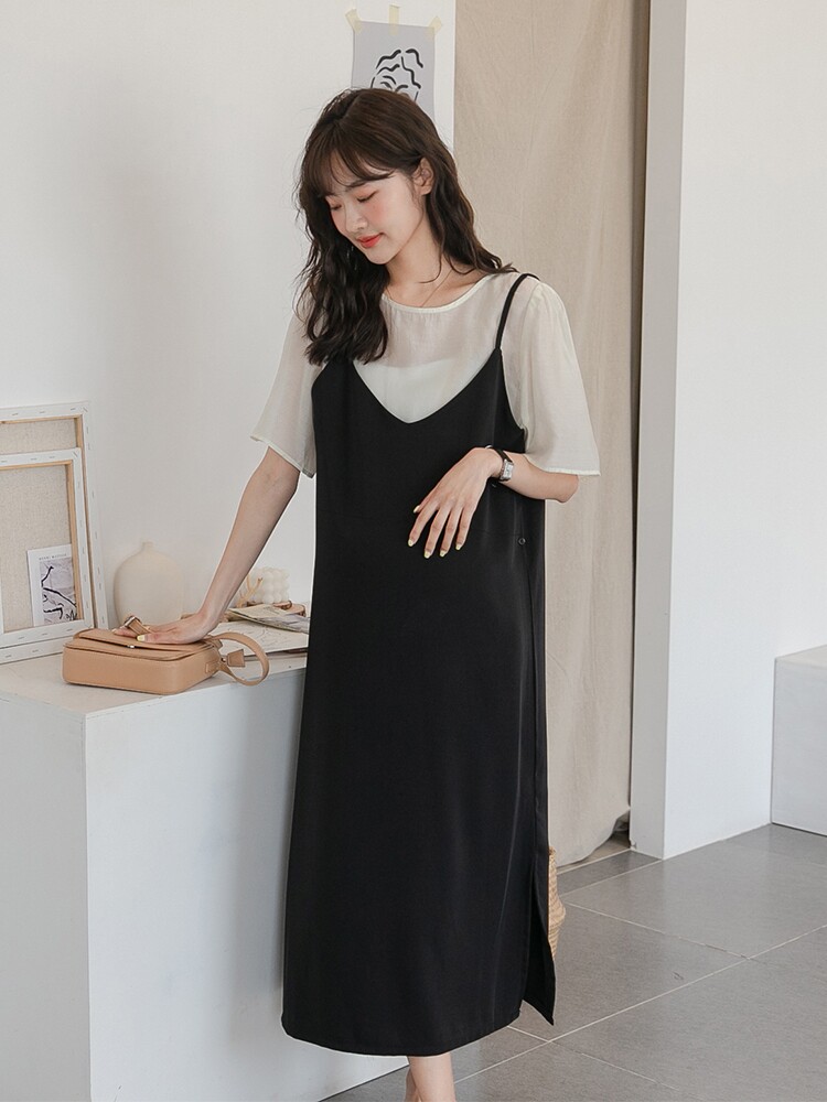 출산복 여름 한국판 슬리밍 반팔 쉬폰 드레스 중간 길이 가짜 투피스 세련되고 절묘한 겉옷 얇은 스타일