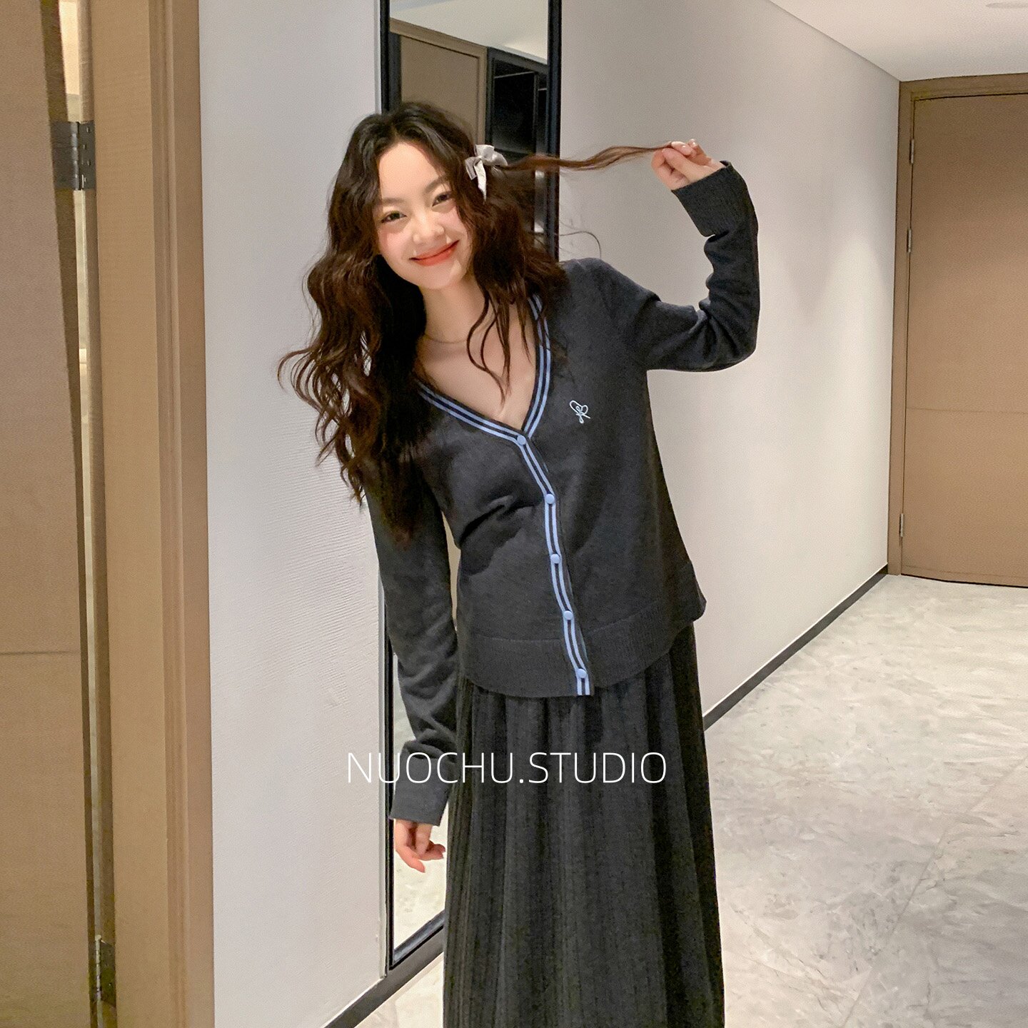 诺初◆韩系撞色孕妇针织套装春秋宽松显瘦遮肚孕期外出休闲两件套