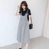 孕妇装 孕妇时尚 时髦洋气小个子两件套休闲夏装 t恤套装 格子背带裤