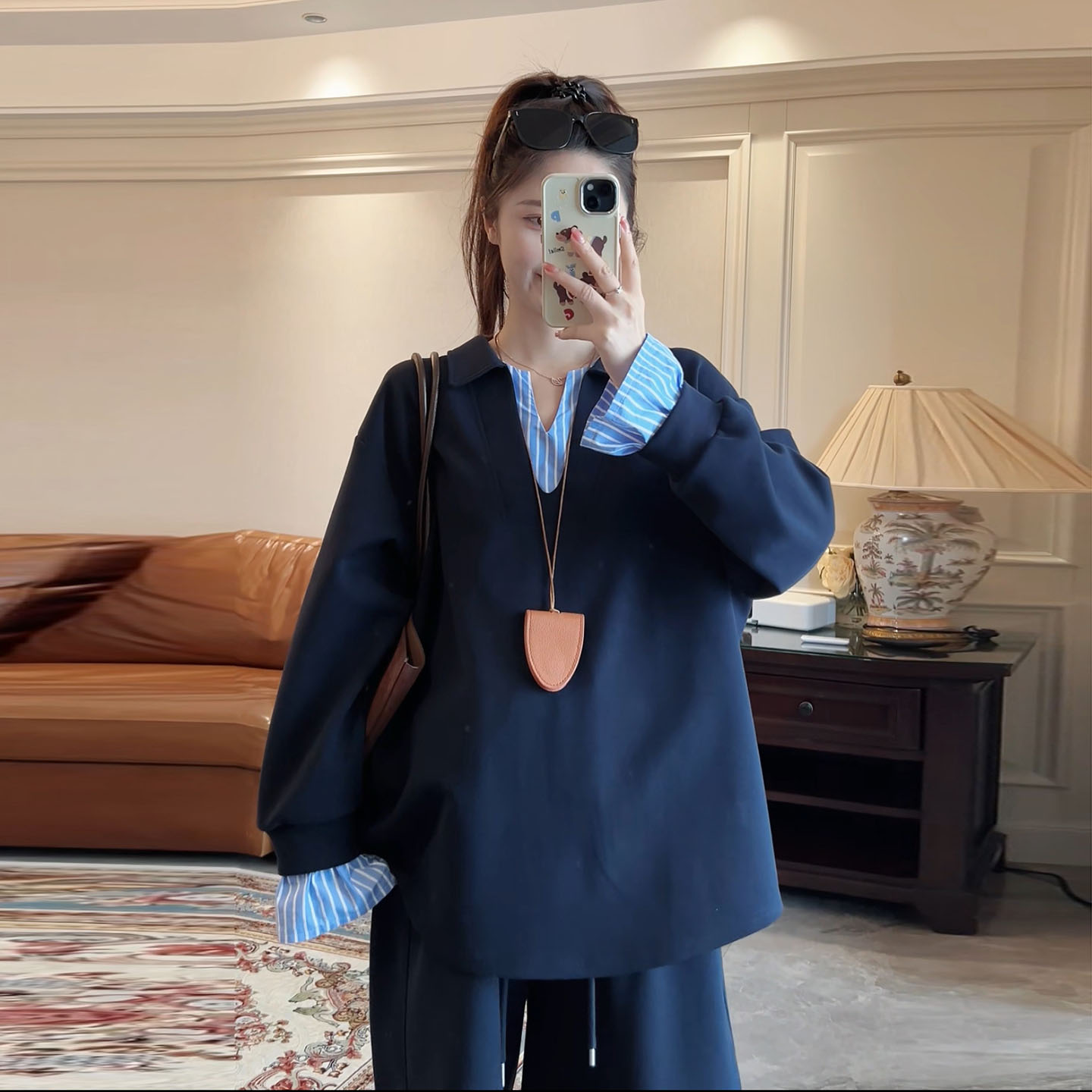 显瘦假两件衬衫孕妇卫衣秋装上衣