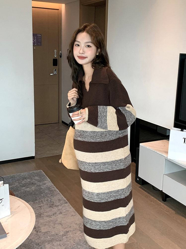 메일라드 서양식 출산복 니트 원피스 가을 겨울 상의 루즈한 스트라이프 스웨터 출산 스커트 가을복