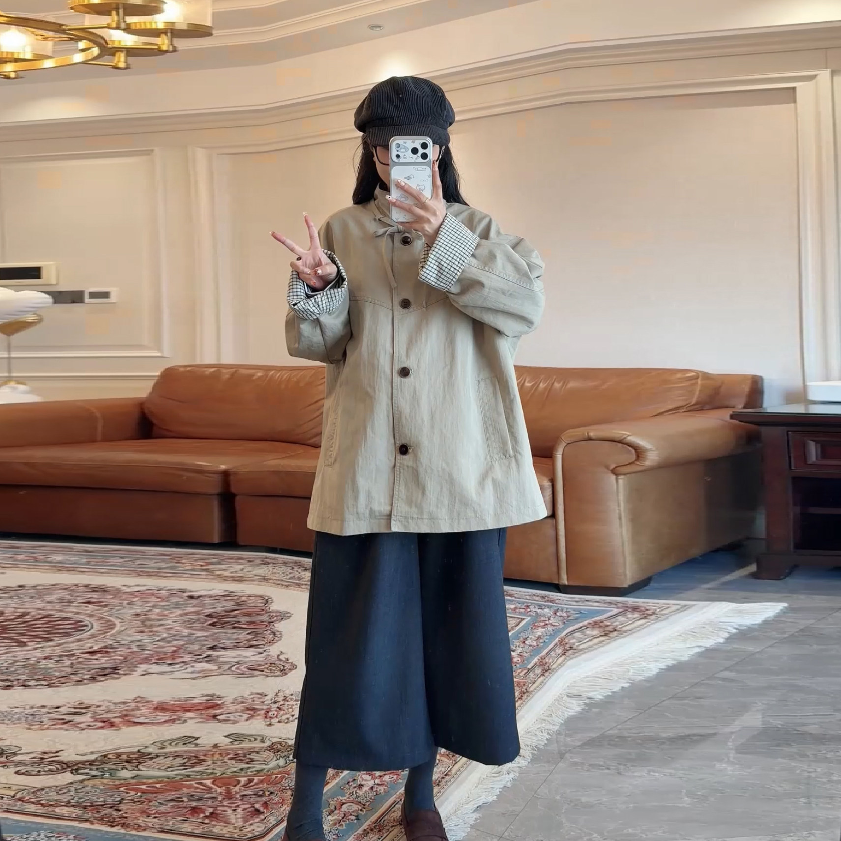 洋气不显怀休闲格子中长款外套
