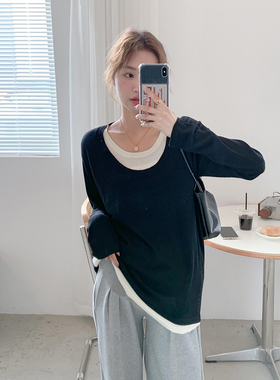 软糯显瘦假两件~孕妇针织衫上衣春秋韩版撞色圆领弹力潮妈内搭衣