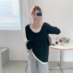 撞色圆领弹力潮妈内搭衣 上衣春秋韩版 软糯显瘦假两件 孕妇针织衫