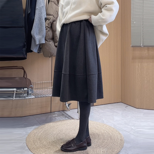 伯克利裙子~孕妇秋冬韩系极简a字梨形伞裙灰色毛呢中长款半身裙