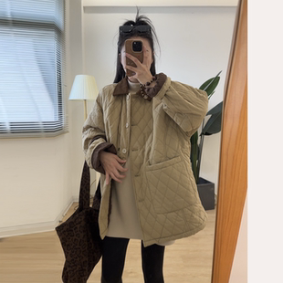 翻领棉服秋冬加厚保暖百搭外套女 孕妇休闲宽松菱格中长款 诺初