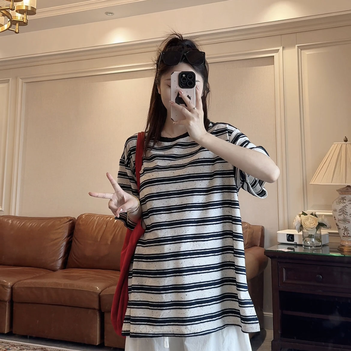 诺初孕妇装~洋气时尚韩版孕妇T恤夏装纯棉条纹宽松遮肚上衣孕妇服