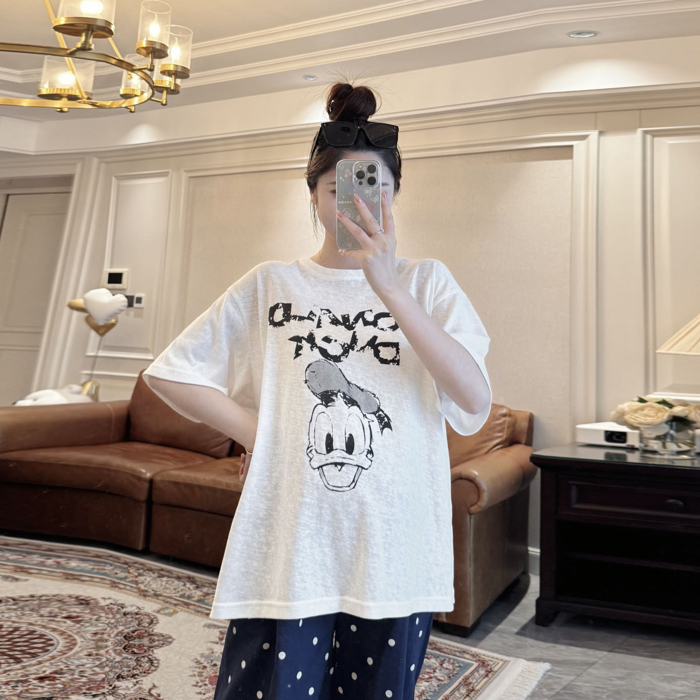 凉感花纱棉◆孕妇夏季新款韩版卡通唐老鸭慵懒风短袖T恤宽松上衣
