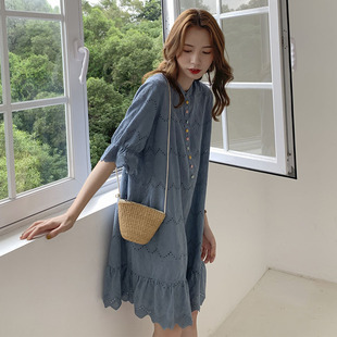 彩扣孕妇装夏季裙子小个子大码宽松棉麻短袖孕妇连衣裙哺乳孕妇裙
