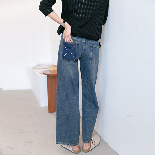 潮妈复古水洗遮肉休闲牛仔裤