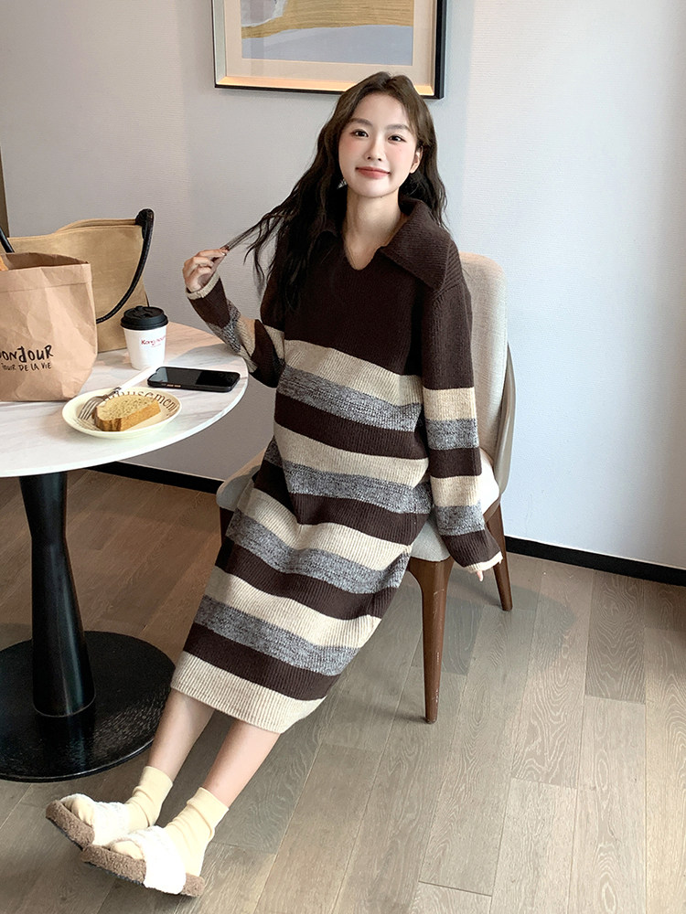 메일라드 서양식 출산복 니트 원피스 가을 겨울 상의 루즈한 스트라이프 스웨터 출산 스커트 가을복