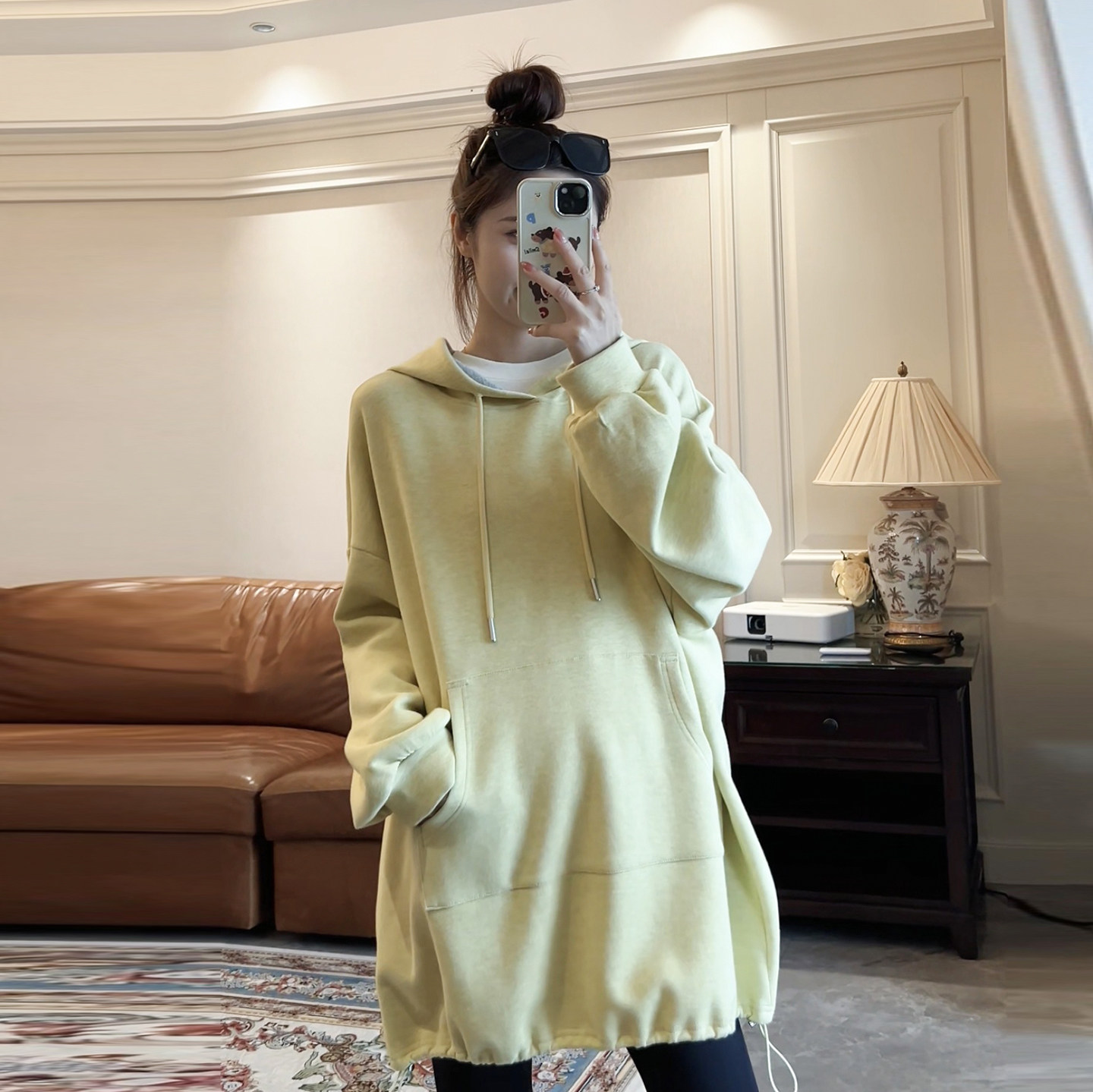 诺初孕妇装~韩系空气棉卫衣中长款春秋时尚休闲遮肚子上衣连帽衫