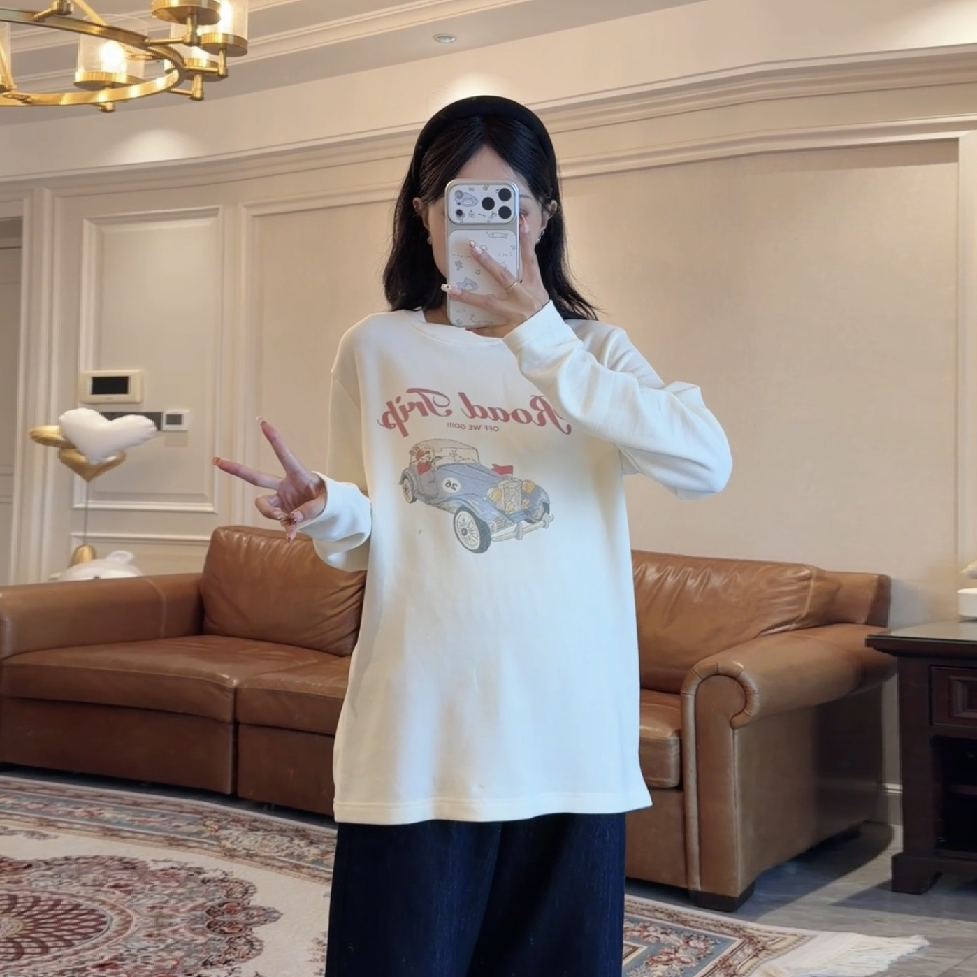 韩系汽车印花长袖宽松米白T恤女