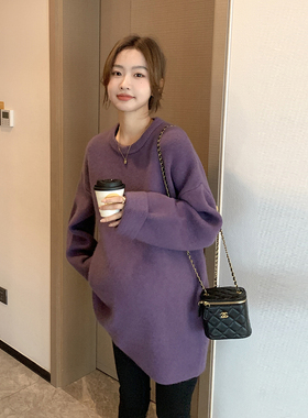 洋气紫色~舒适孕妇毛衣秋装加厚宽松大码针织毛衫孕晚期冬装上衣