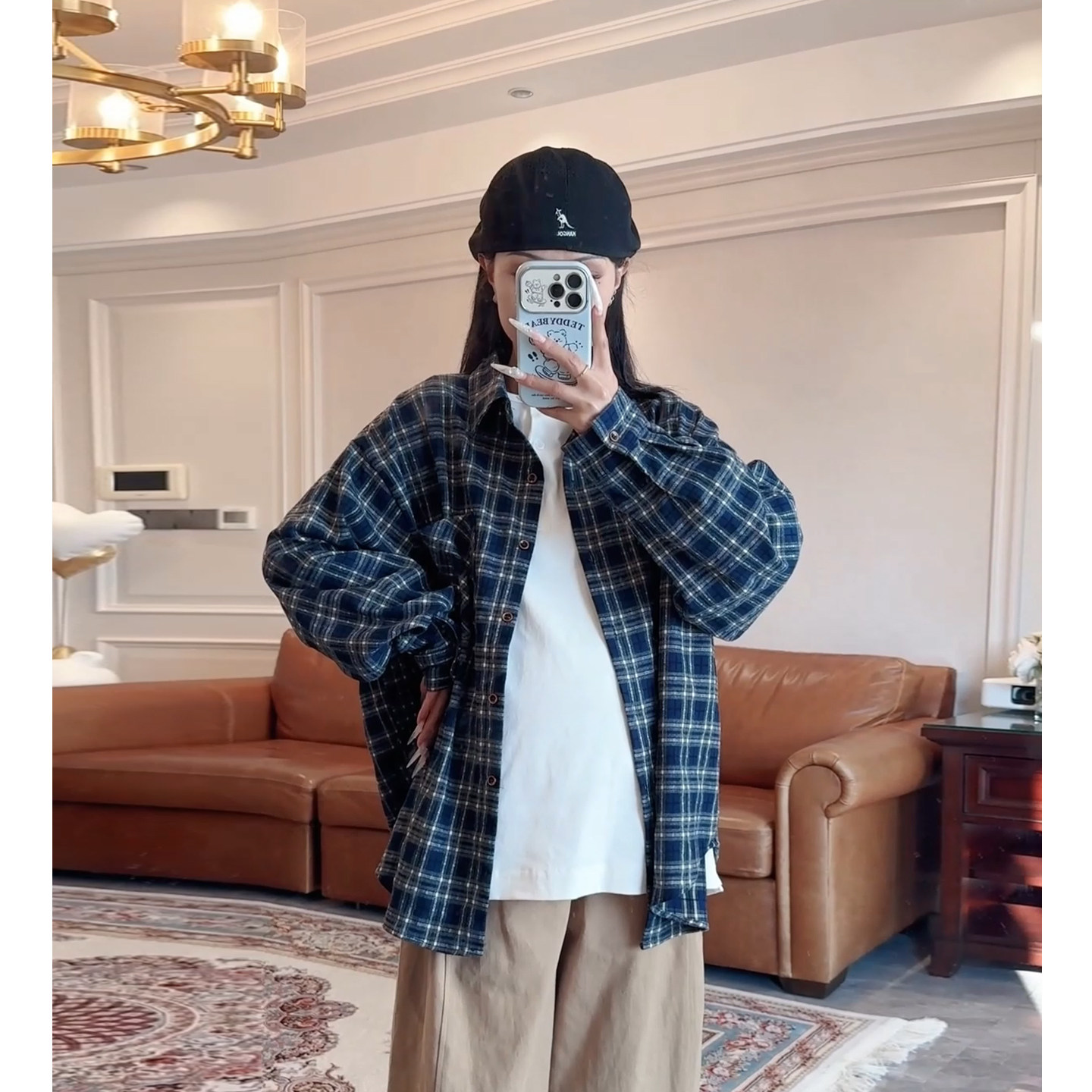 春秋孕妇复古格子宽松长袖衬衫