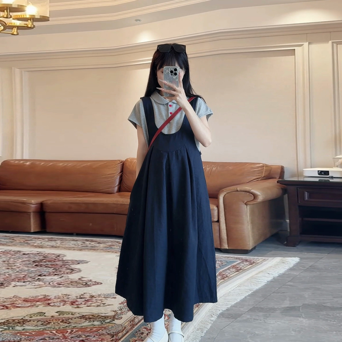 孕妇装学院风翻领短袖背带连衣裙小个子显瘦减龄长裙松弛感减龄