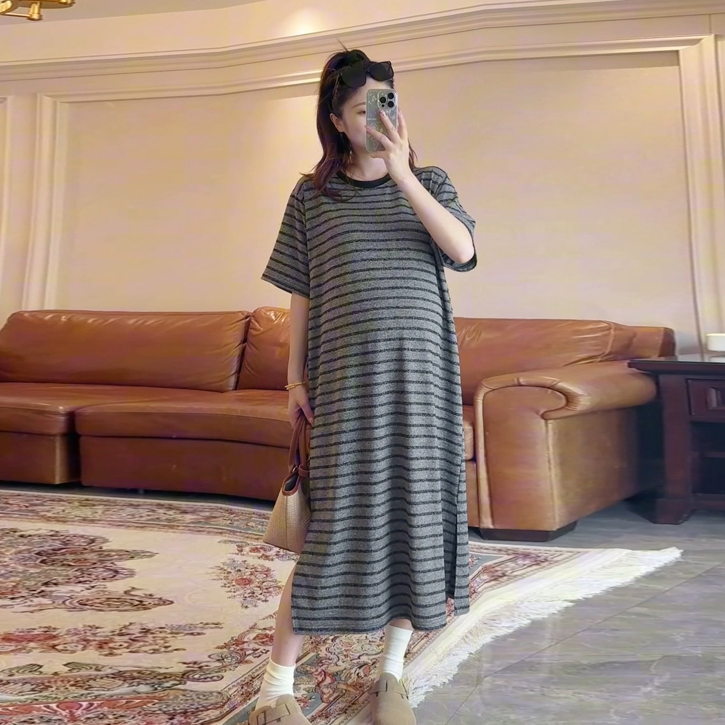 诺初慵懒风条纹宽松显瘦孕妇长裙