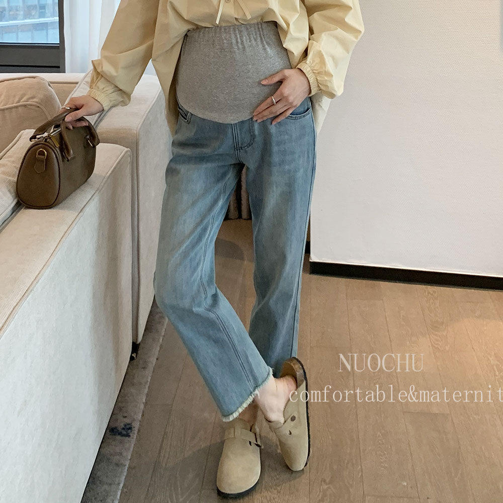 诺初◆海盐蓝孕妇裤春装外穿新款九分直筒法棍裤牛仔裤春款小个子