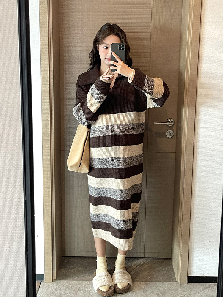 메일라드 서양식 출산복 니트 원피스 가을 겨울 상의 루즈한 스트라이프 스웨터 출산 스커트 가을복