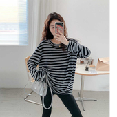 奶系穿搭宽松慵懒风打底衫 上衣孕妇春秋季 T恤 条纹内搭针织衫 法式