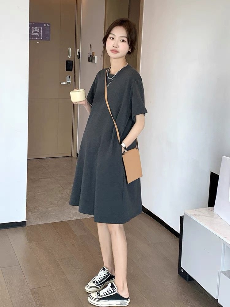 미니멀리스트 NUOCHU 출산 여름 드레스 느슨한 배를 덮는 작은 사람 슬리밍 반팔 A 라인 티셔츠 드레스 여름 드레스