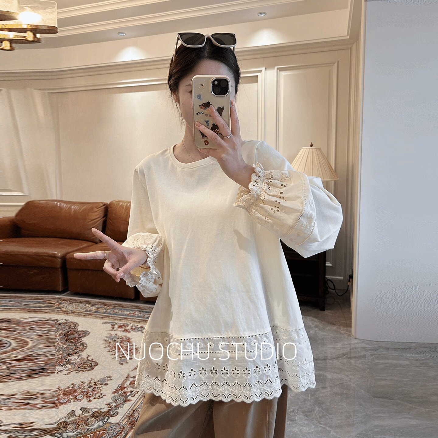 诺初◆温柔风蕾丝拼接孕妇上衣春款宽松显瘦喇叭袖T恤甜美打底衫