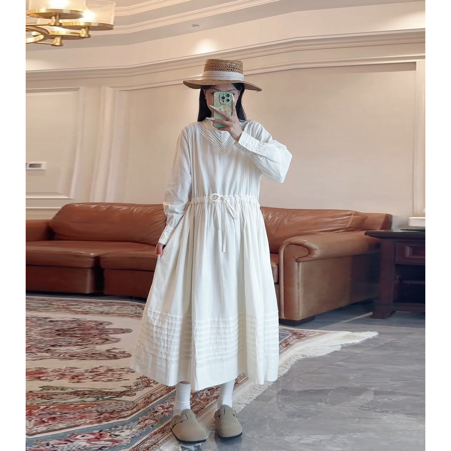 诺初小立领长袖连衣裙女2026年春秋季褶皱收腰长裙宽松气质孕妇装
